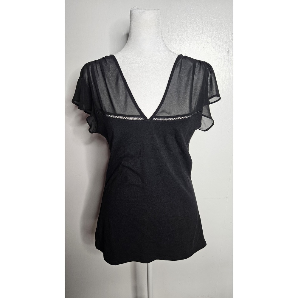 Express Top Womens M Black Flutter Sleeve Sheer Blouse V Neck Y2K Whimsigoth